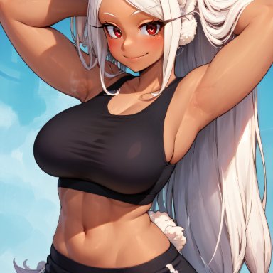 my hero academia, miruko, rumi usagiyama, amiral ai, 1girls, armpits, arms up, booty shorts, breasts, brown skin, dark-skinned female, dark skin, dolphin shorts, female, huge breasts