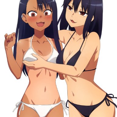 megami magazine, please don't bully me, nagatoro, hayase nagatoro, misaki nagatoro, sisters, aquastar inc., 2girls, :3, :d, bikini, black bikini, black hair, black vs white, blush, breast grab