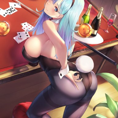 dragon ball, bulma briefs, gainoob, ass, bare back, bare shoulders, bent over, black high heels, black pantyhose, blue eyes, blue hair, blush, bunny ears, bunny girl, bunny tail