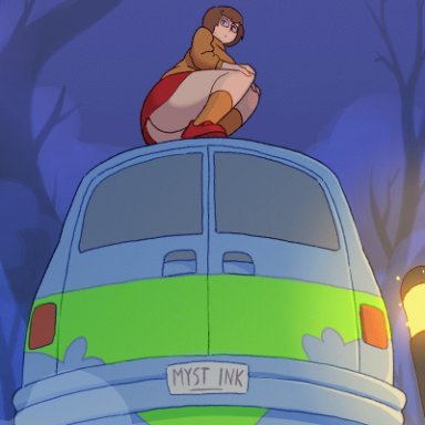 scooby-doo, velma dinkley, chelodoy, ass, big ass, big breasts, bottomless, mystery machine, pussy, solo female, thick thighs, animated, animated gif, highres