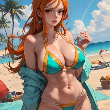 one piece, toei animation, nami (one piece), stable diffusion, 1girls, bikini, curvaceous, curvy body, curvy female, curvy figure, ginger hair, huge breasts, long hair, looking at viewer, seductive look