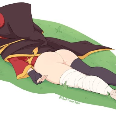 megumin, softhanten, 1girls, ass, big ass, brown hair, defeated, feet, female, female only, legs, lying, no panties, on stomach, short hair