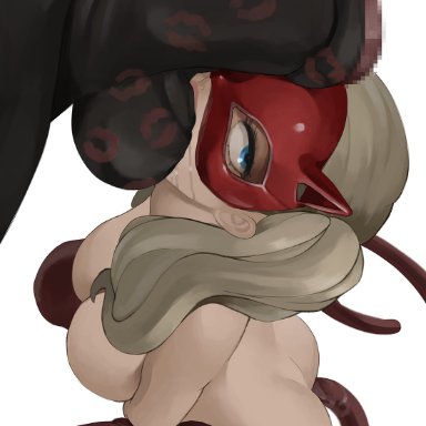 persona, persona 5, ann takamaki, cheezebawls, anal, anal object insertion, anal tail, animal penis, ass, blonde hair, blue eyes, breasts, domino mask, fake tail, fellatio