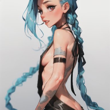 jinx (league of legends), maxfield punish, stable diffusion, blue hair, breasts, female, female focus, female only, virgin killer sweater, ai generated