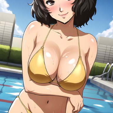 atlus, persona, persona 5, sadayo kawakami, raight21, stable diffusion, 1girls, bikini, bikini bottom, bikini top, black hair, blush, brown eyes, cleavage, female