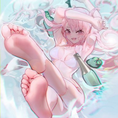 hololive, hololive english, mori calliope, ttc (old metal 666), 1girls, barefoot, bikini, bottles, feet, female, female only, foot fetish, foot focus, happy, light-skinned female