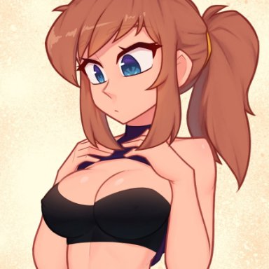 a hat in time, hat adult, hat kid, xyroni, 1girls, bare shoulders, black underwear, blue eyes, breasts, brown hair, cleavage, exposed breasts, hands on breasts, nipple bulge, ponytail