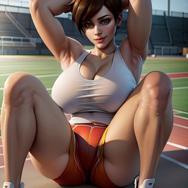 blizzard entertainment, overwatch, lena oxton, tracer, panda-ai, stable diffusion, 1girls, armpits, arms up, curvaceous, curvy body, curvy female, curvy figure, female, female only