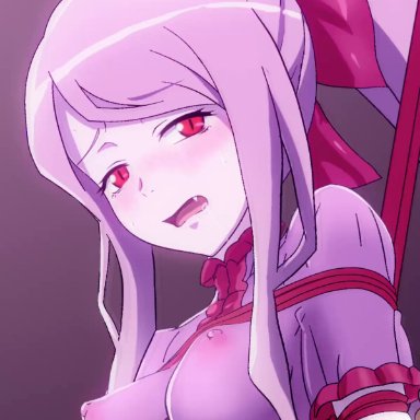 overlord (maruyama), shalltear bloodfallen, akino (artist), 1boy, 1girls, areolae, arms behind back, blush, bondage, bow, breasts, cum, cum in pussy, cum inside, dress