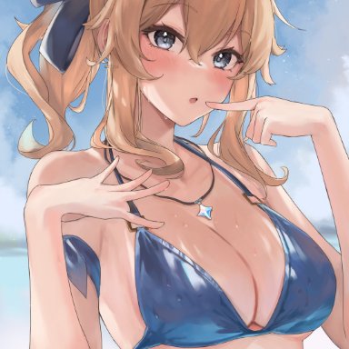 genshin impact, jean gunnhildr, aoiichimaki (cmk333), 1girls, bikini, blonde hair, blush, breasts, cleavage, grey eyes, looking at viewer, necklace, ponytail, ribbon, solo