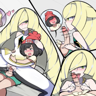 pokemon, lillie (pokemon), lusamine (pokemon), selene (pokemon), duplichance, 1futa, 1girls, big penis, black hair, blonde hair, blush, breasts, clothed, clothing, duo