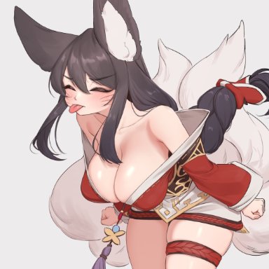 league of legends, league of legends: wild rift, riot games, ahri, yabby, big breasts, blue hair, cleavage, closed eyes, cute, fox ears, fox girl, fox tails, tongue, tongue out