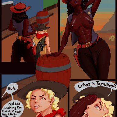 gen2alltheway, 1boy, 1futa, areolae, big breasts, big penis, blonde hair, breasts, clothed, clothing, cowboy, dark-skinned futanari, dark skin, duo, femboy