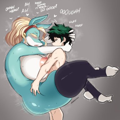 my hero academia, ippan josei, izuku midoriya, darboo, big breasts, carrying, carrying partner, carrying position, gigantic breasts, huge breasts, leg lock, legs crossed, legwear, massive breasts, sex