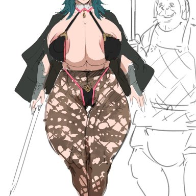 fire emblem, fire emblem: three houses, nintendo, byleth (fire emblem), byleth (fire emblem) (female), kunaboto, 1girls, breasts bigger than head, coat, female, female focus, green hair, huge breasts, large breasts, leggings