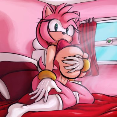 sega, sonic (series), sonic the hedgehog (series), amy rose, general godzilla, 1girls, accessory, anthro, bed, bedroom, big breasts, black nose, bracelet, breasts, busty