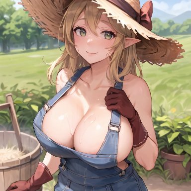 original, original character, stable diffusion, stuffyai, 1girls, blonde hair, breasts, cleavage, elf, elf ears, elf female, farm, farmgirl, female, green eyes