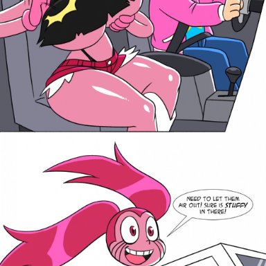 cartoon network, steven universe, gem (species), spinel (steven universe), steven quartz universe, aeolus06, 1boy, 1girls, big breasts, bouncing breasts, car, clothed, clothing, exposed breasts, huge breasts