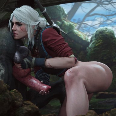 cd projekt red, the witcher (series), the witcher 3: wild hunt, ciri, athazel, ass, bestiality, canine, canine genitalia, canine genitals, canine penis, closed eyes, female, gloves, grabbing