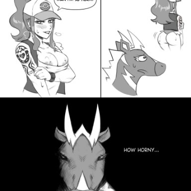 pokemon, pokemon bw, hilda (pokemon), zebstrika, wingedwilly, 1girls, ass, big breasts, breasts, equine, horse, horseshoe tattoo, human, imminent bestiality, imminent pokephilia