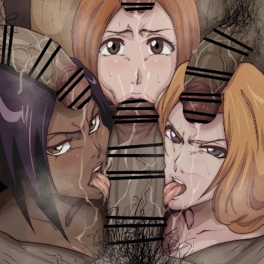 bleach, inoue orihime, matsumoto rangiku, shihouin yoruichi, iwao178, 3girls, 4boys, :&gt;=, balls, blowjob, blowjob face, blue eyes, brown eyes, dark-skinned female, dark-skinned male