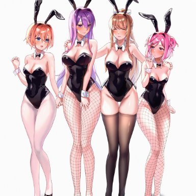 doki doki literature club, yuri (doki doki literature club), machulanko, 4girls, bangs, bare shoulders, black clothing, black legwear, black thighhighs, blue eyes, blush, breasts, brown hair, bunny ears, bunnysuit