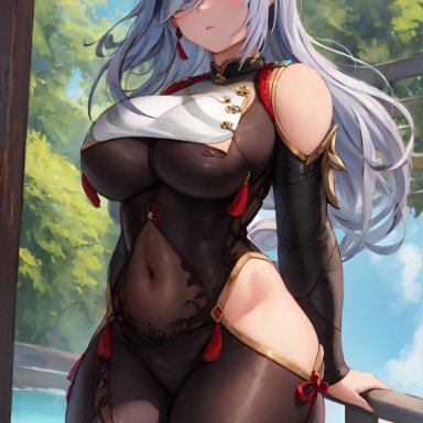 genshin impact, shenhe (genshin impact), stable diffusion, 1girls, blue eyes, bodystocking, breasts, female, hair over one eye, hips, huge breasts, long hair, looking at viewer, outdoors, thick thighs