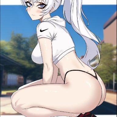 rwby, weiss schnee, dizzle, 1girls, ass, big ass, black thong, blue eyes, blush, bottomwear, breasts, clothing, female, female only, footwear