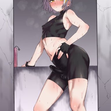 original, konery (reasonyou), 1boy, ahoge, bare shoulders, black gloves, blonde hair, blunt bangs, blush, bottle, bulge, covered nipples, covered penis, erection, erection under clothes