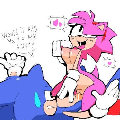 sega, sonic (series), sonic the hedgehog (series), amy rose, classic amy rose, sonic the hedgehog, eks-out, anthro, assertive female, bouncing breasts, cowgirl position, exposed torso, female, footwear, forced