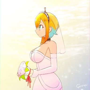 voms project, amano pikamee, gyorai, big breasts, blonde hair, blush, bouquet, breasts, flower, gloves, green eyes, looking at viewer, pov, sharp teeth, smile