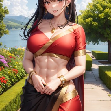 spy x family, yor briar, diffusionlad, stable diffusion, abs, big breasts, black hair, cleavage, detailed background, garden, indian, indian clothes, jewelry, lake, light-skinned female