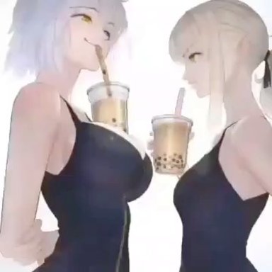 fate (series), character request, jeanne alter, jeanne d'arc (fate), 2girls, angry, big breasts, blush, boba tea, breast envy, cup, drinking, funny, holding head, im so sorry to post this