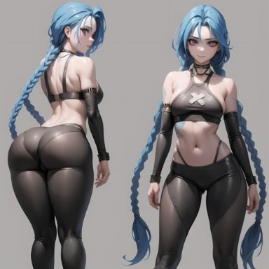 arcane, league of legends, riot games, arcane jinx, jinx (league of legends), stable diffusion, 1girls, ass, ass focus, blue hair, braid, braided hair, dat ass, exposed stomach, female