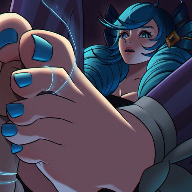 league of legends, gwen (league of legends), mohoshadream, 1boy, 1girls, blue eyes, blue hair, clothed, drill hair, feet, foot fetish, footjob, hair ornament, looking at viewer, looking down