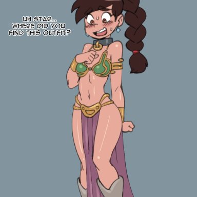 star vs the forces of evil, star wars, marco diaz, princess marco, slave leia, slave leia (cosplay), darkeros13, 1boy, armlet, armwear, bare legs, bare shoulders, big eyes, bikini, blush