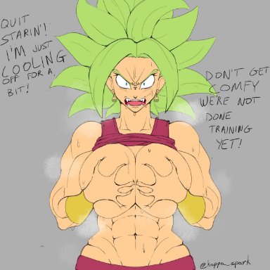 dragon ball, dragon ball super, dragon ball z, kefla, kappa spark, 1girls, abs, big breasts, blue eyes, breasts, eyebrows, fusion, grabbing own breast, green hair, large breasts