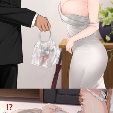 uzaki-chan wa asobitai!, uzaki tsuki, jjanda, !?, 1boy, 1girls, alcohol, alternate costume, areola slip, bag, bare shoulders, beer, before and after, black jacket, black pants