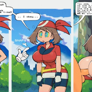 nintendo, pokemon, pokemon rse, may (pokemon), stealth brock, between breasts, big breasts, breasts, busty, cleavage, huge breasts, hypnosis, instant loss, large breasts, light-skinned female