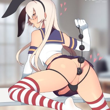 shimakaze (kantai collection), matemi, 1boy, anal, anal beads, anal insertion, anal juice, anal masturbation, anal object insertion, anal sex, bunny ears, femboy, heart, hearts around head, pleasure face