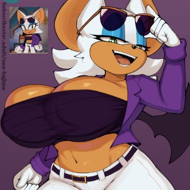 sega, sonic (series), sonic the hedgehog (series), rouge the bat, neo hajime, big breasts, black belt, casual clothes, casual clothing, furry, furry female, furry only, huge breasts, nipples visible through clothing, purple background