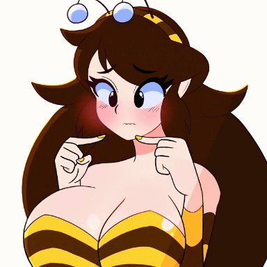 original, oc, original character, susiehatter, bee, bee girl, big breasts, black eyes, blush, breasts, brown hair, clothed, cute, embarrassed, female