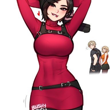 resident evil, resident evil 4, resident evil 4 remake, ada wong, ashley graham, leon scott kennedy, blushypixy, blushyspicy, 1boy, 2girls, arms behind head, arms up, biting lip, black hair, blonde hair