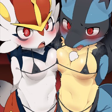 nintendo, pokemon, cinderace, generation 4 pokemon, generation 8 pokemon, lucario, pokemon (species), dagasi, anthro, biped, black body, blue body, blush, bodily fluids, camel toe