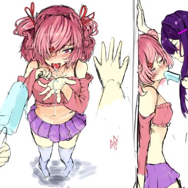 doki doki literature club, yuri (doki doki literature club), crunnix, 2girls, blush, duo, heart-shaped pupils, heart eyes, kabedon, open mouth, pink eyes, pink hair, popsicle, popsicle in mouth, popsicle melting