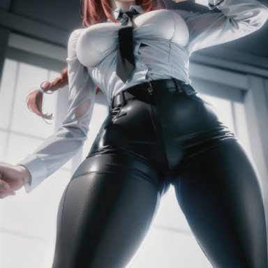 chainsaw man, makima (chainsaw man), stable diffusion, 1girls, curvy, curvy body, curvy figure, female focus, female only, leather, long hair, looking at viewer, looking down, red hair, suit