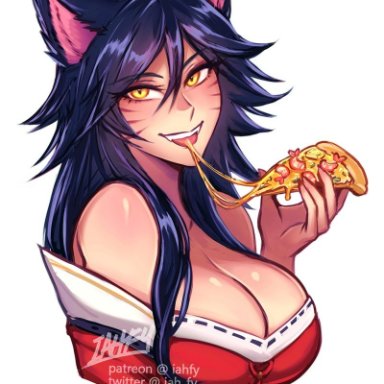 league of legends, league of legends: wild rift, riot games, ahri, iahfy, big breasts, blue hair, cleavage, eating, looking at viewer, open mouth, pizza, smile, smiling, smiling at viewer