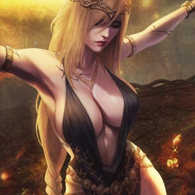 elden ring, fromsoftware, queen marika the eternal, monorirogue, 1girls, armpits, arms up, big breasts, blonde hair, cleavage, empyrean, female, female only, goddess, light-skinned female