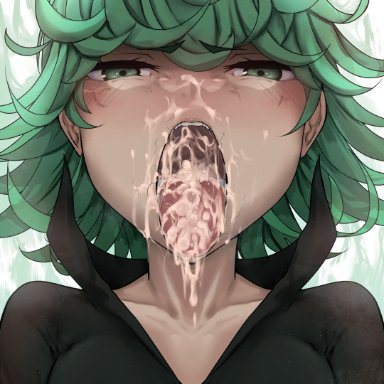 one-punch man, tatsumaki, tomodachi (tomofanart), 1girls, cum, cum in mouth, cum on face, facial, green eyes, green hair, looking at viewer, mouth full of cum, open mouth, pubes in mouth, pubic hair