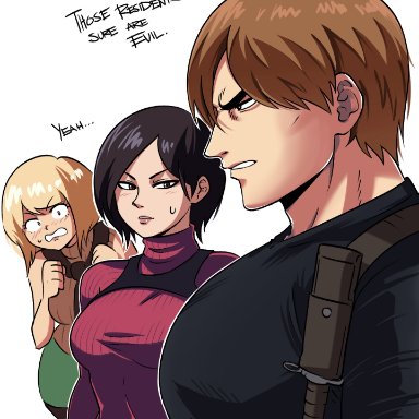 capcom, resident evil, resident evil 4, resident evil 4 remake, ada wong, ashley graham, leon scott kennedy, tinafate1, 1boy, 2girls, blush, blush lines, catfish, short hair, side view